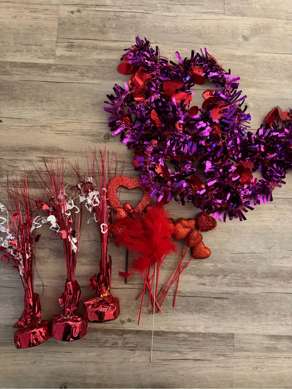 Valentine Red & Purple Heart Tinsel Garland and Picks decorations
